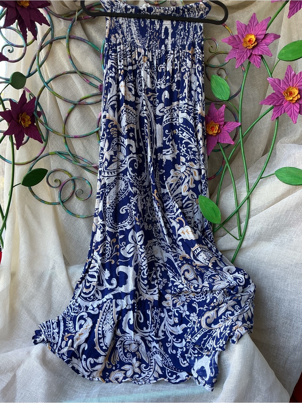Blue and White Paisley Maxi Skirt with Smocked Waist